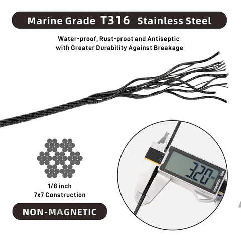 Beefy Black Stainless Steel Cable With Cutter 500 Feet One Eighth Inch T316 Wire Rope 1850 Lb Breaking Strength 7x7 Aircraft Cable For Clothesline Trellis Stair Fence Deck Railing Kit