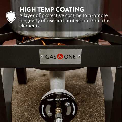 Close-up of Beast 200K BTU Propane Burner for Outdoor Cooking, showing high temp coating and steel braided hose connection.