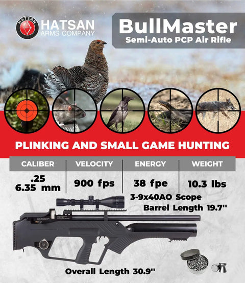 BullMaster 25 Cal PCP Air Rifle With Scope Bundle Includes 100 Paper Targets And 150 Pellets Hard Case Ready To Shoot