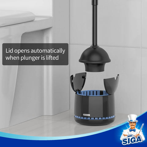 Heavy Duty Bathroom Plunger Duo With Sleek Ventilated Mount showing automatic lid plunger holder in sleek black design.