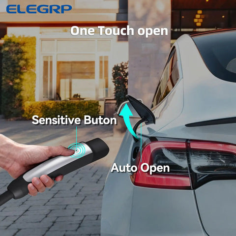 Level Two Electric Vehicle Charger Forty Amp 9.6 Kw Nacs Charging Station with 25 Ft Nema 14 50 Plug Cable in use with a Tesla.