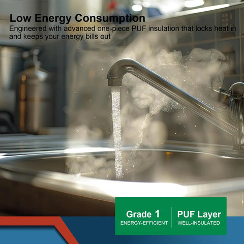Compact Gray Mini Tank Water Heater Ultra Slick Design Smooth On Demand Hot Water Supply Tough Build Quality For Home Bathrooms And Kitchens Space Saving Setup That Gets The Job Done pouring steaming water from a modern faucet.
