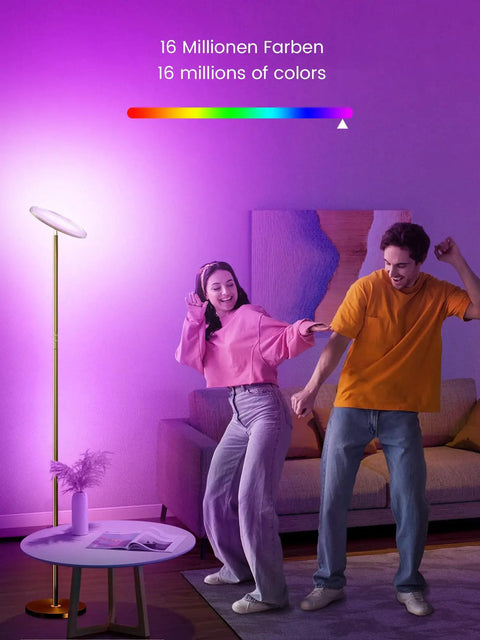 Couple dancing next to Smart RGBCW LED Floor Lamp with Alexa and Google Home, 25W dimmable torchiere, color changing light in living room