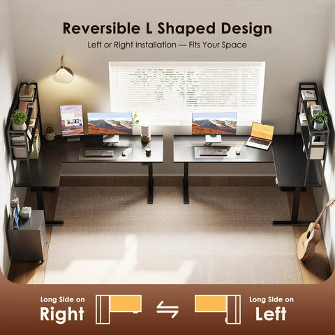 63 Inch L Shaped Electric Standing Desk With Reversible Corner Layout And Hutch Height Adjustable Sit Stand Ergonomic Workstation For Home Office Spacious Large Lift Table Black, shown with dual monitors and shelving