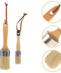 Two Piece Wood Handle Paint Brush Set With Synthetic Bristles, Oval Stain Brush For Wood Fence And Deck Staining, featuring close-up details of bristles and handles.