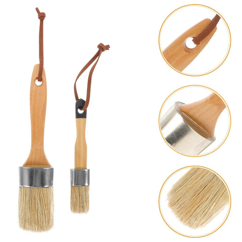 Two Piece Wood Handle Paint Brush Set With Synthetic Bristles, Oval Stain Brush For Wood Fence And Deck Staining, featuring close-up details of bristles and handles.