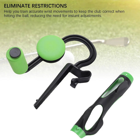 Golf Swing Trainer Wrist Aid For Instant Feel And Form, easy club control device shown in black and green plastic materials