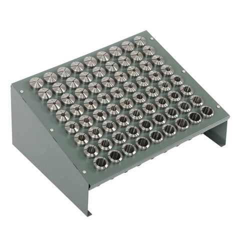 72 Piece Precision 5C Collet Set Inch Range 1/64 to 1-1/8 Inch with All 1/64 Size Collets, arranged on a green stand
