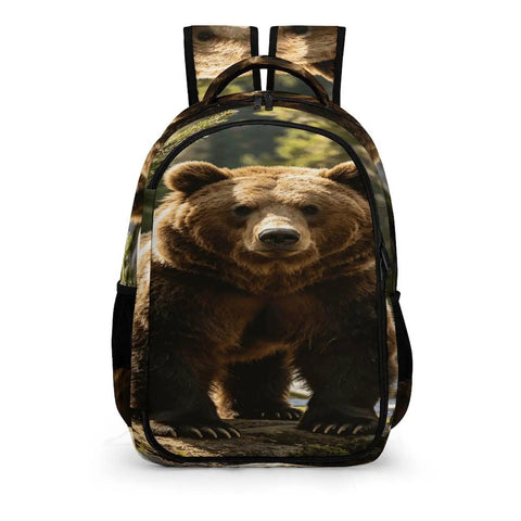 Stream Brown Bear Printed Unisex Backpack with large bear design, durable polyester, perfect for travel