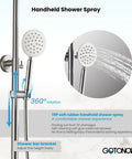 Image of a handheld shower spray with TRP rubber grip, demonstrating water flow and 360-degree rotation in a modern bathroom setup.