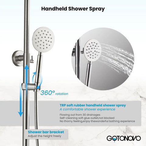 Image of a handheld shower spray with TRP rubber grip, demonstrating water flow and 360-degree rotation in a modern bathroom setup.