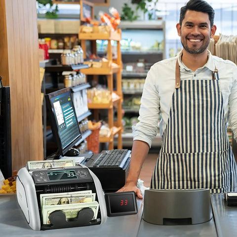Hella Reliable Money Counter Machine With Legit Counterfeit Detection And Smooth Value Tracking Featuring Ultraviolet And Infrared Sensors Plus No Sweat Batch Sorting For Shop Bosses on retail desk.