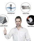 Diagram illustrating waterproof, value pack, durable metal, and self-adhesive features of Two Pack Employees Only Door Sign For Office