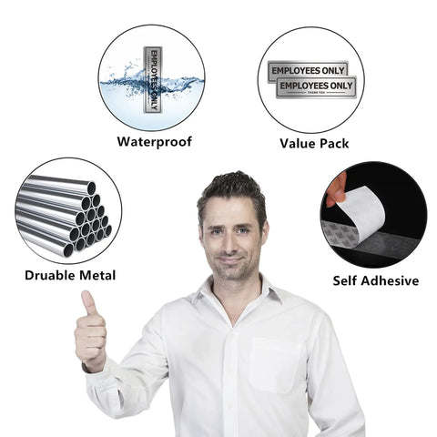 Diagram illustrating waterproof, value pack, durable metal, and self-adhesive features of Two Pack Employees Only Door Sign For Office