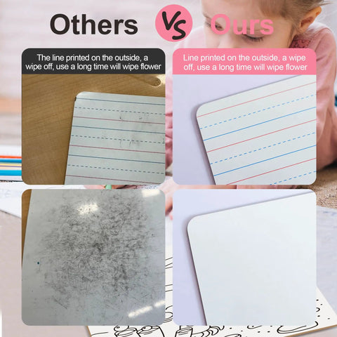 Comparison of Six Pack Double Sided 9x12 Whiteboards With Lined Surfaces For Kids And Classroom Use, showing durability and clarity of lines.