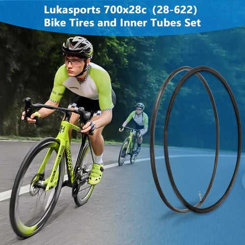 2 Pack 700x28c Road Bike Tire Replacement Kit With Inner Tubes, shown with cyclist on city road.