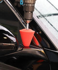 Five Piece Pro Grade Car Polishing Cone Kit For Your Drill attached to black vehicle side mirror