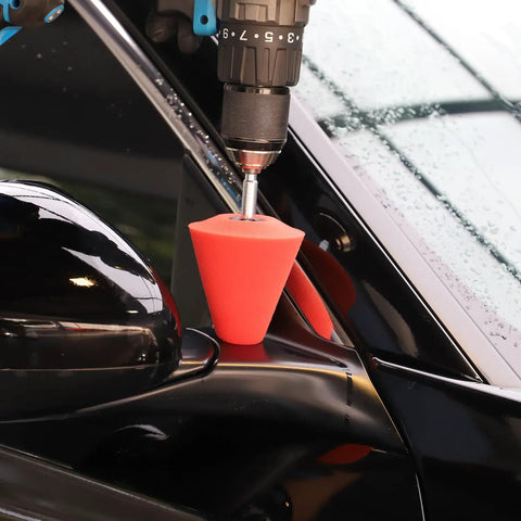 Five Piece Pro Grade Car Polishing Cone Kit For Your Drill attached to black vehicle side mirror