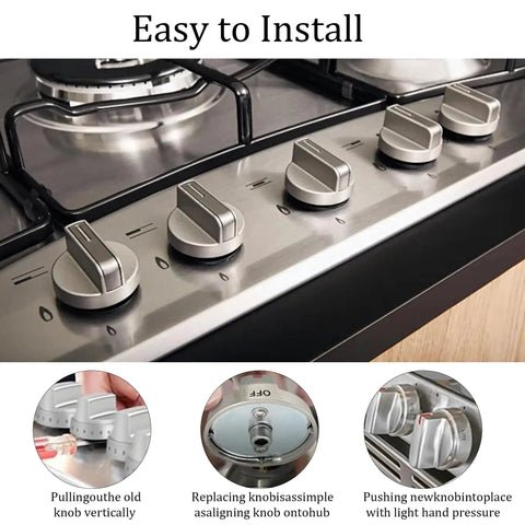Heavy Duty Metal Gas Stove Knob Replacement Set 5 Pcs 8mm Shaft on a gas range showing easy installation.