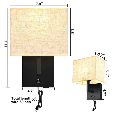 Cozy Plug In Wall Lamp With Dimmer And USB Port, Rustic Contemporary Wall Sconce With Fabric Shade, Square Design