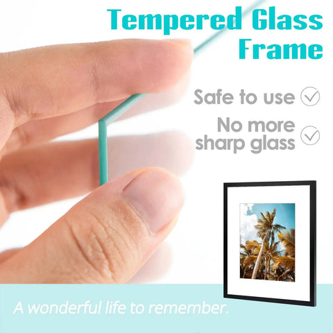 Hand holding HD glass of 16x20 Picture Frame With Mat For 11x14 Photo Black 2 Pack HD Glass Wide Molding Removable Mat Preinstalled Wall Mounting Hardware Modern Gallery Style For Prints Posters And Photos, with palm tree poster inside.