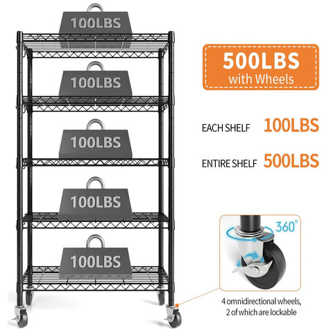 Heavy Duty 5 Tier Wire Shelving Unit With Beefy Rolling Casters Adjustable Black Metal Storage Rack NSF Certified 1900 Lbs Capacity 36 By 14 By 72 Inches Hella Sturdy Storage Setup For Garage Or Kitchen