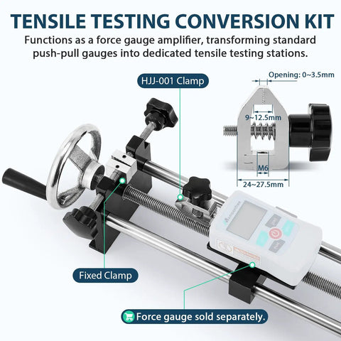Manual Force Gauge Test Stand With Hand Wheel Operation 9.8 Inch Stroke, Compatible With ZMF Force Gauge, Includes Rock Solid Mounting Plates 41x73 Mm And 40x90 Mm For Stable, Precise Readings, tensile testing clamp view