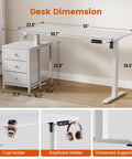 55 inch white electric standing desk with drawers, cup holder, earphone holder, and adjustable height from 28.5 to 46.5 inches.