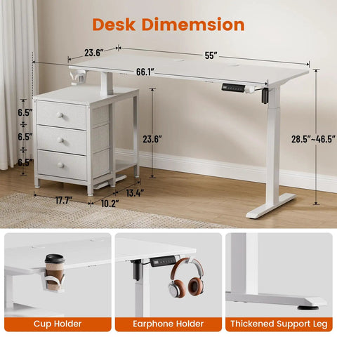 55 inch white electric standing desk with drawers, cup holder, earphone holder, and adjustable height from 28.5 to 46.5 inches.
