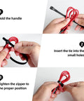 Instructions showing 100 Pcs 8 Inch Heavy Duty Zip Ties 40 Lbs Tensile Strength Releasable And Reusable Nylon PA66 Self Lock Cable Ties usage steps.