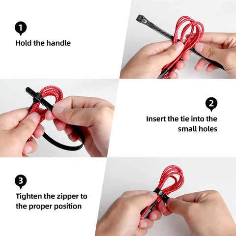 Instructions showing 100 Pcs 8 Inch Heavy Duty Zip Ties 40 Lbs Tensile Strength Releasable And Reusable Nylon PA66 Self Lock Cable Ties usage steps.