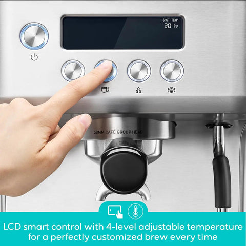 Pro Level 20 Bar Espresso Maker With Rapid Flashheat Brewing Fast Steam Wand showing LCD smart control for custom brewing.