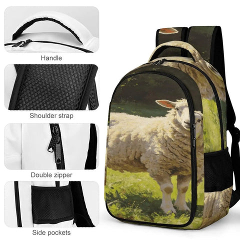 Forest Meadow Wool Sheep Printed Unisex Backpack Large Capacity with handle, shoulder strap, smooth zipper, and side pockets