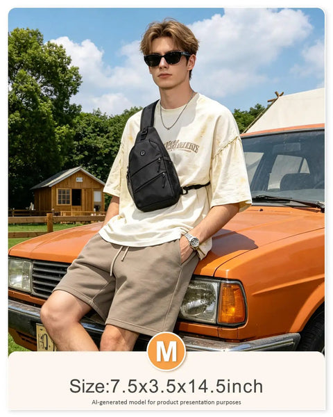 Model wearing Everyday Crossbody Bag For Men And Women With Convertible Shoulder Strap, outdoors, size M, black, on orange car