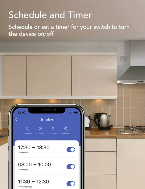 Schedule and timer settings for Mini Smart Plug With Voice Control, your go to plug that works with Alexa and Google Assistant, 2.4GHz WiFi only, compact plug for lamps and coffee makers, schedule and timer, enchufe inteligente, 4 pack displayed on smartphone screen in kitchen setting.