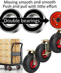 Heavy Duty 10 Inch Pneumatic Swivel Casters 4 Pack Battle Ready Air Filled Industrial Rolling Wheels With Secure Locking Brakes shown with double bearings and cart.