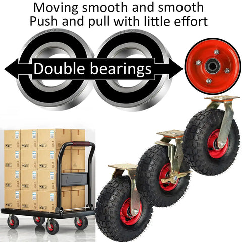 Heavy Duty 10 Inch Pneumatic Swivel Casters 4 Pack Battle Ready Air Filled Industrial Rolling Wheels With Secure Locking Brakes shown with double bearings and cart.