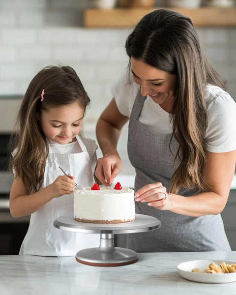 Front view of Puroma 12-inch aluminum rotating cake stand with non-slip silicone bottom, used for decorating cake.