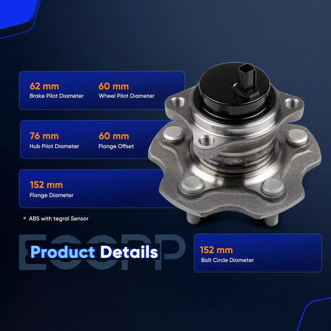 Drop In Ready Rear Wheel Hub Bearing And Assembly With ABS For Scion tC 2011 To 2016 And Lexus HS250h 2010 To 2012 And Toyota RAV4 2006 To 2016 FWD Only Premium Wheel Hub Assembly with product dimensions and details