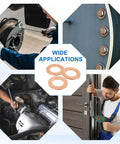 Collage of 9 Piece Copper Washer Kit With M18 Copper Washers Sealing Rings And Crush Washers 18Mm ID 24Mm OD One Point Five Mm Thick in use for machinery repair and automotive projects