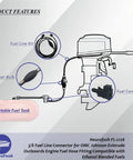 Diagram showing 3/8 Inch Fuel Line Connector for OMC Johnson Evinrude Outboard Engines, 10mm Fuel Hose Fitting, ethanol-ready.