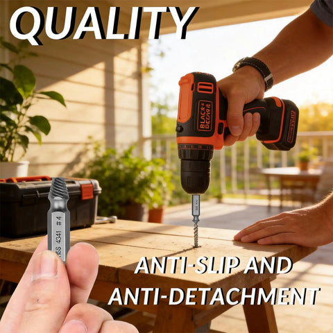6 Piece Broken Screw Extractor Set with Double Ended Drill Bits for Easy Removal of Stripped and Rusty Screws in use outdoors