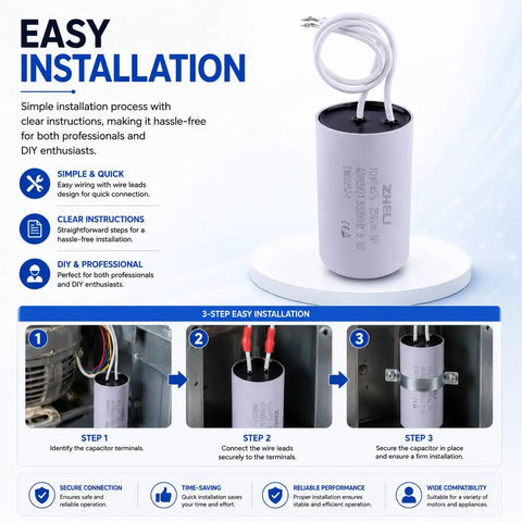 CBB60 Motor Run Capacitor 50uF Plus Or Minus 5 Percent MFD 110 125 250 VAC 50 60Hz installation guide