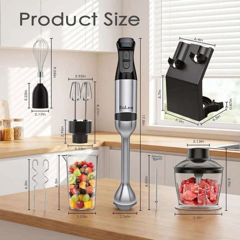 Product size guide for Powerhouse 1200W 8-In-1 Hand Blender With 5-Speed Precision Control Immersion Stick Mixer Set.