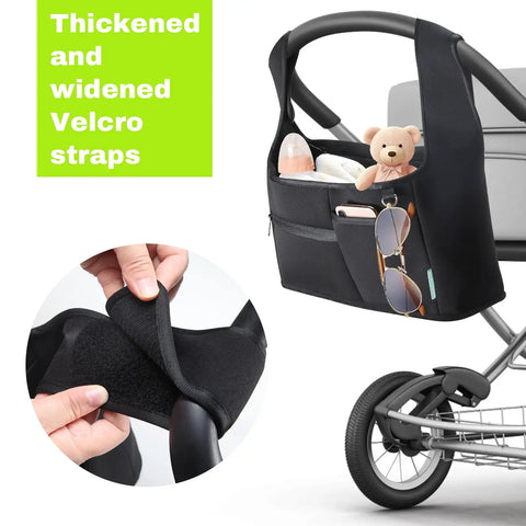 Durable Neoprene Golf Cart Organizer Bag With Front Pocket attached to push cart, showing velcro straps and front pocket contents.