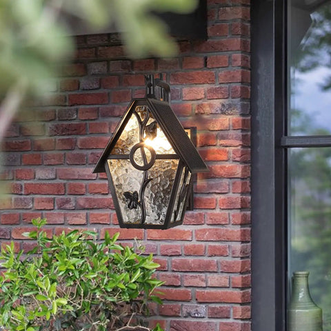 Rustic Outdoor Wall Lanterns With Water Glass Panels, Exterior Wall Mounted Sconce Lighting in Oil Rubbed Brown on brick wall