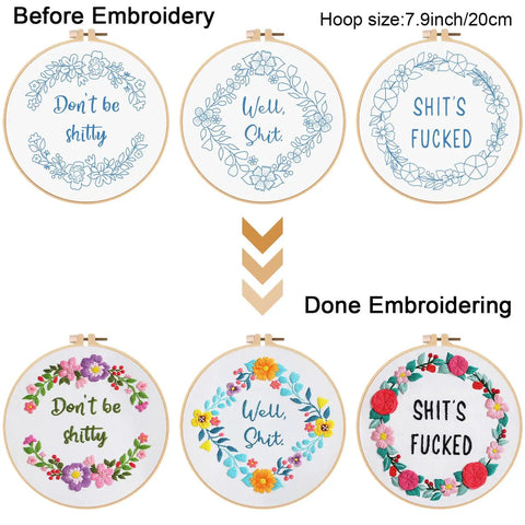 Three Sets Of Funny Embroidery Kits For Beginners With Flower Wreath Pattern And Funny Words Pattern DIY Easy Cross Stitch And Needlepoint Starter Kit For Adults Includes Clear Instructions And Colorful Threads showing before and after stitching.