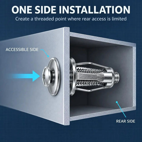 30 Piece Button Head Locking Nuts And Rivet Fastener Kit Featuring M4 M5 M6 M8 Sizes With Drop Dead Secure Petal Expansion Design For Hella Tough Pro Shop Builds, one side installation with visible threaded point.