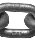 Close-up of Top Shelf 1/4 Inch By 400 Feet Hot Dip Galvanized High Test Chain ISO Certified G43 Grade for marine use.