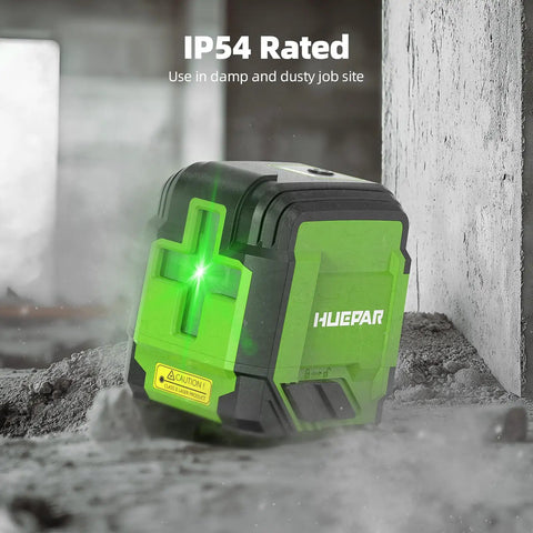 Self Leveling Laser Level With 60 Inch Tripod And 98 Feet Range Green Cross Line Laser Tool For Picture Hanging Home Reno And Indoor Projects Manual And Auto Level Modes Batteries And Carrying Bag Included, IP54 rated green laser on concrete surface.